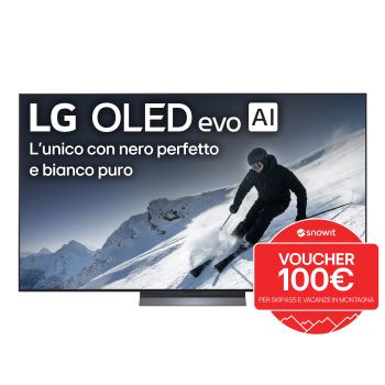 Vista frontale di una TV 77 pollici LG OLED evo AI C5 4K Smart TV 2025 OLED77C5ELB con bollo promozione